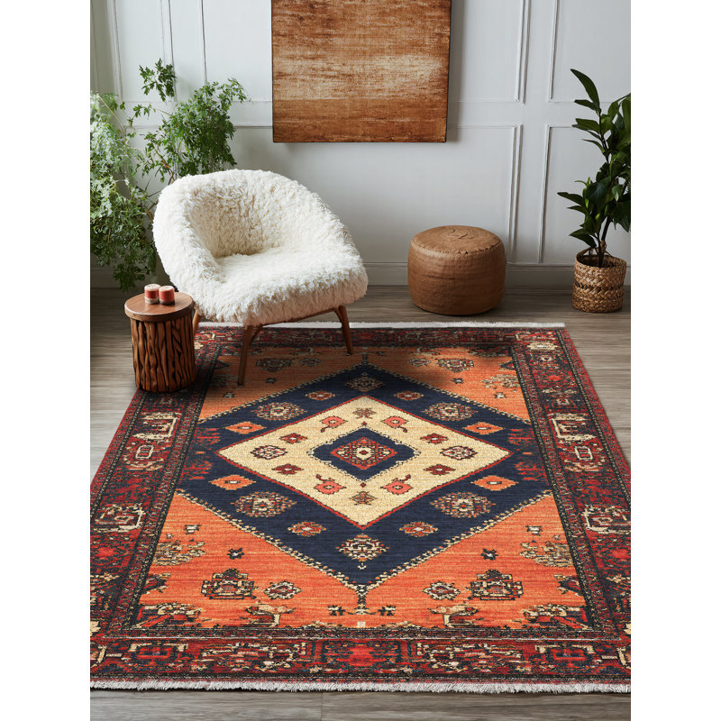 Tapis orange en mélange de coton et de polyester à imprimé numérique Jateen, Rectangle 2 pi 8 po x 5 pi
