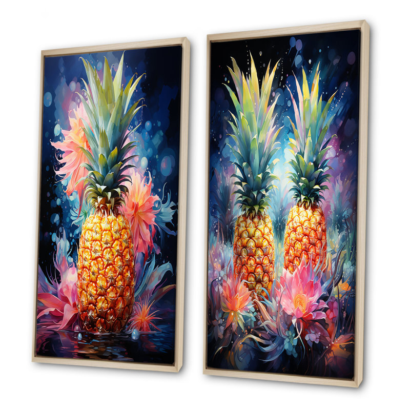 «Green and Yellow Cosmic Pineapple I», ensemble de 2 ananas sur toile, Encadrement brun, H 28 po x l 25 po