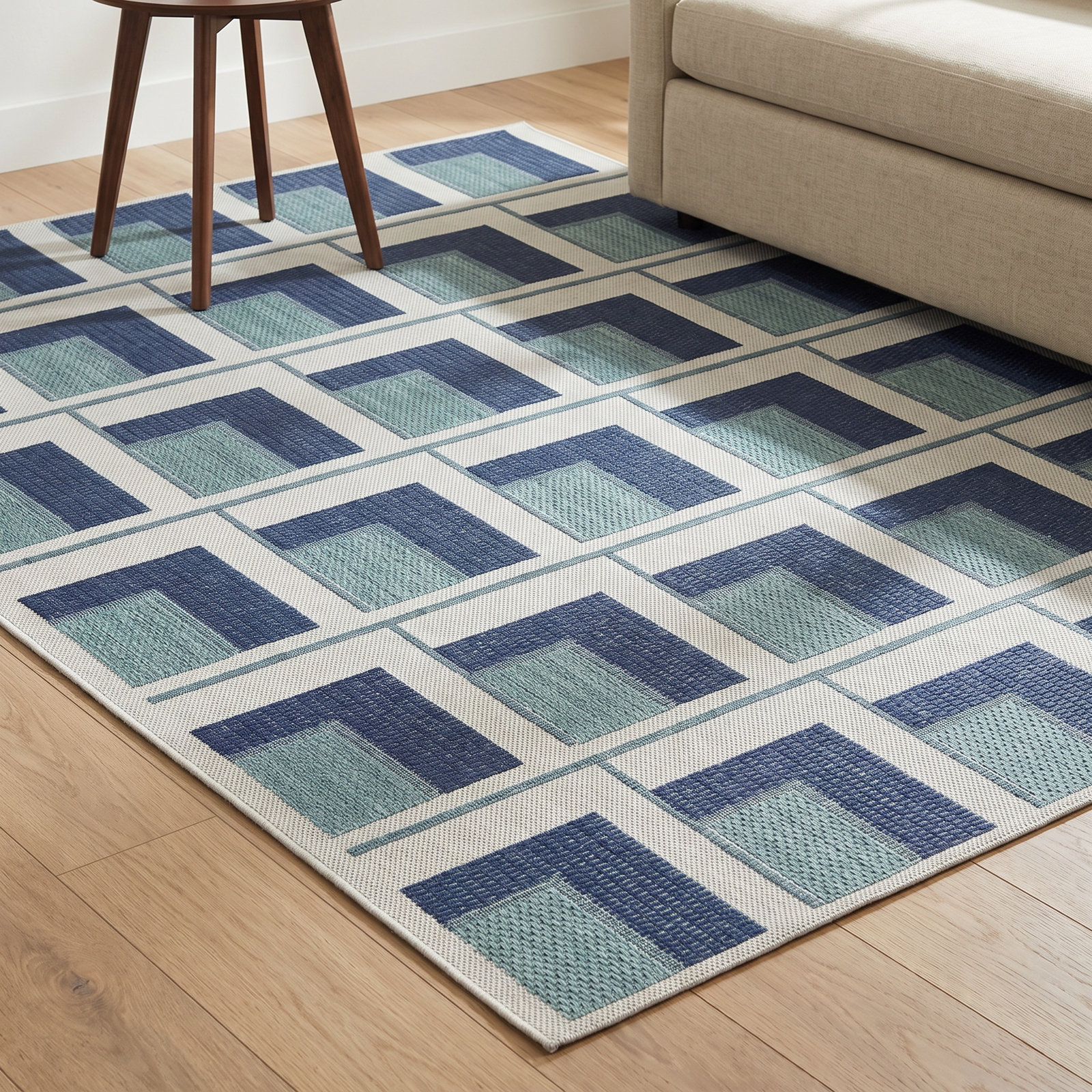Kamran Navy Blue Beige Green Indoor Outdoor Rug, Rectangle 7'10" x 10'