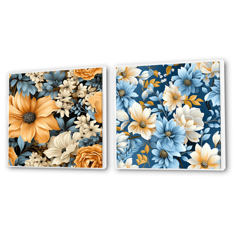 Ensemble de 2 fleurs jaunes et bleues de style campagnard, Cadre flottant blanc, H 36 po x l 73 po