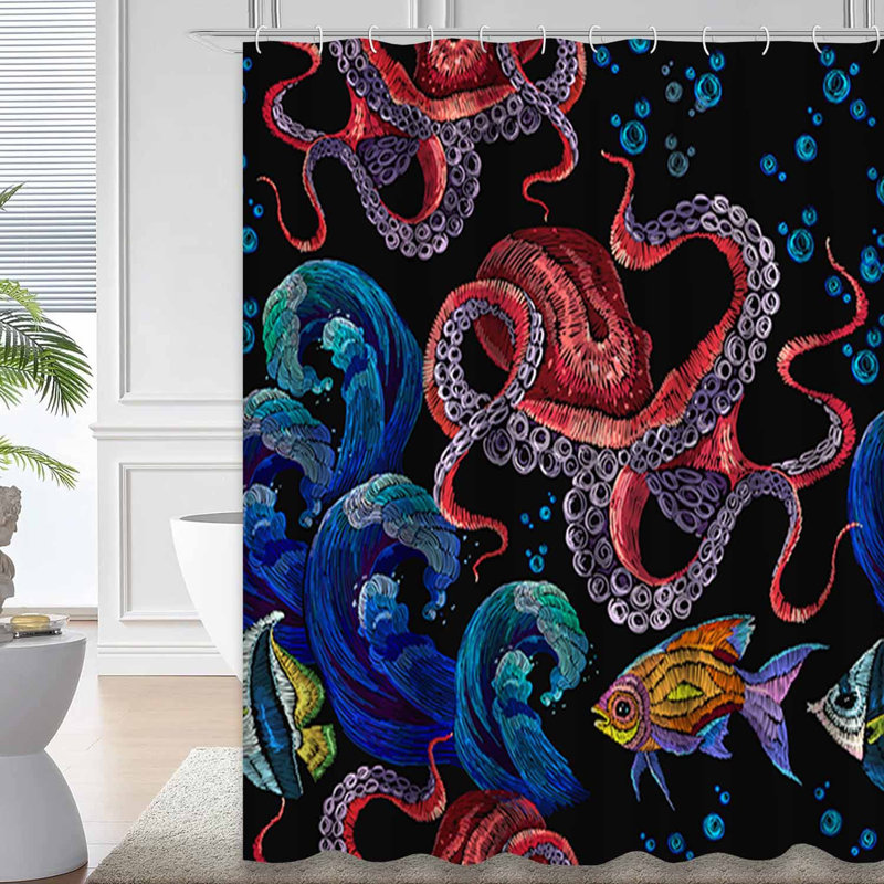 Rideau de douche avec 12 crochets Fish Wave, L 72 po x l 78 po