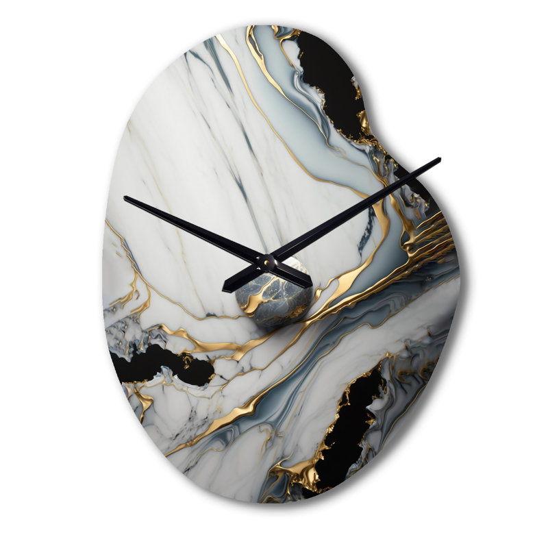 Horloge murale abstraite géométrique en marbre doré et blanc III - marbre forme irrégulière, horloge murale moderne asymétrique