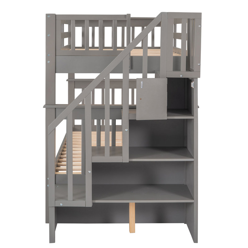 Lit superposé simple au-dessus de simple avec rangement et barrière de sécurité pour chambre à coucher, dortoir, Grey