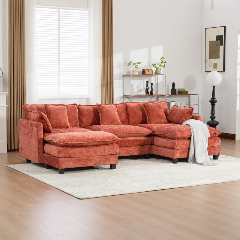 Canapé modulaire Kismet avec tissu chenille et coussins double couche, Chenille orange
