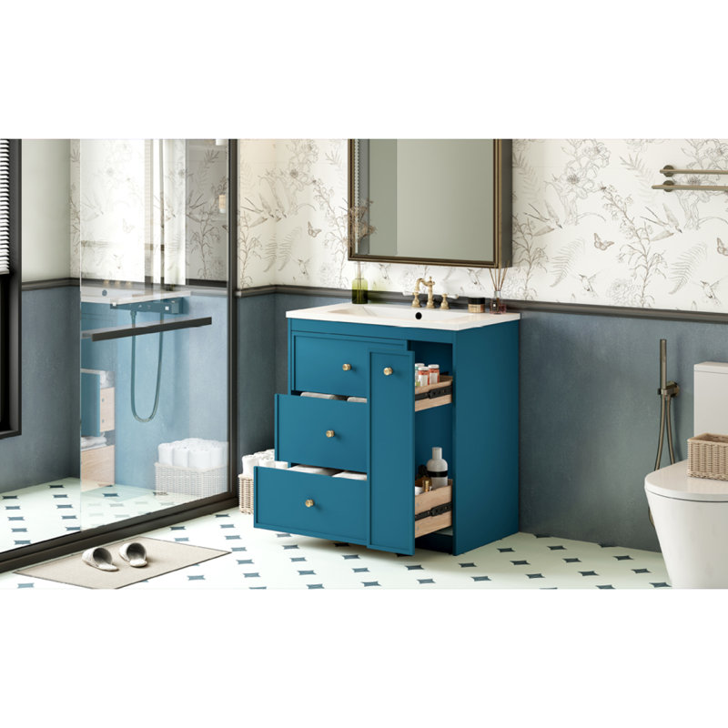 Bathroom Vanity With Ceramic Sink Combo/ Free Standing Single Vanity Set With Four Drawers/ Modern Bathroom Storage Cabinet