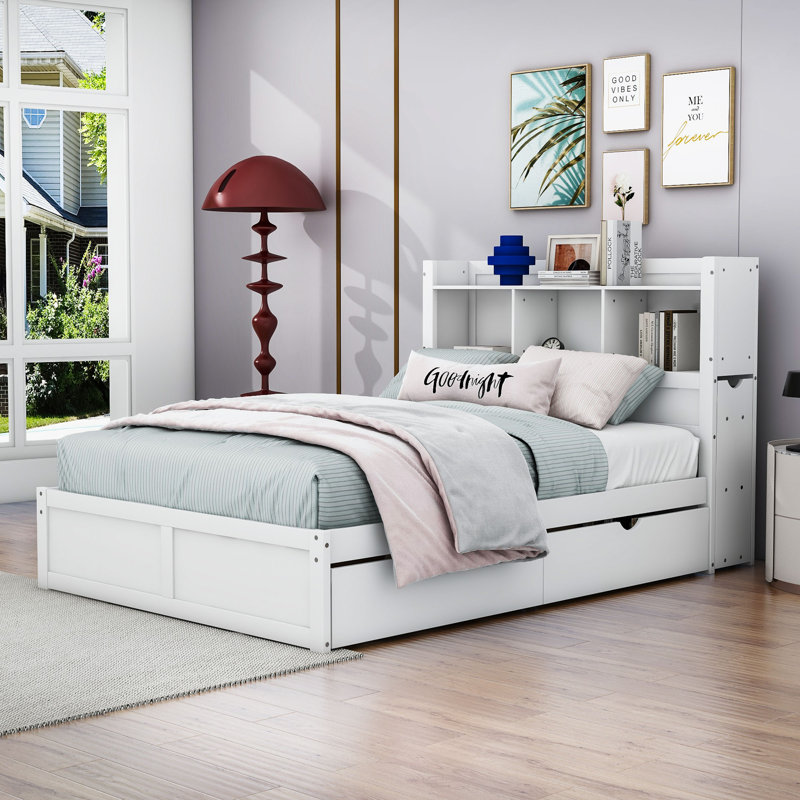 Lit plateforme avec tiroirs Dyonne, Blanc