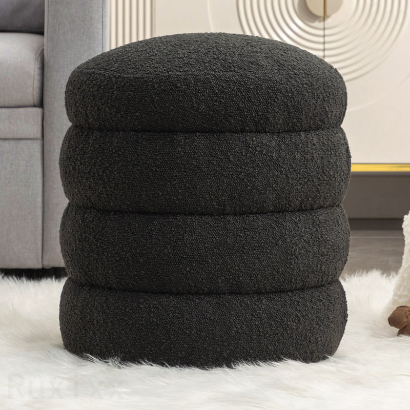 Repose-pieds rond Hasset, repose-pieds rond doux, repose-pieds, Bouclé noir