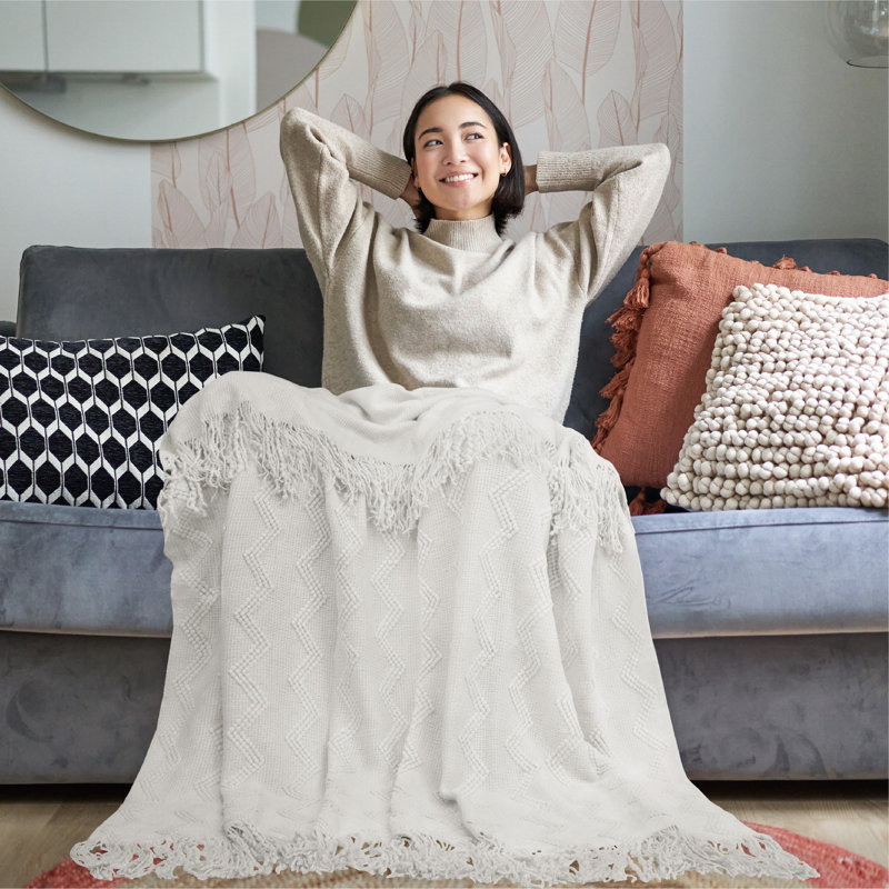 White Knit Textured Fleece Throw Blanket with Fringe Tassels