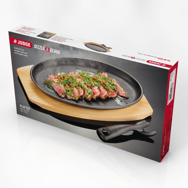 Judge, Sizzle & Serve - Cast Iron Platter on Server Board