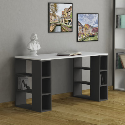 Simone Modern Desk with Built-in Bookcase – Stylish Workspace Desk with 6 Open Shelves