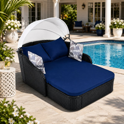 2-Person Patio Daybed with Adjustable Canopy, PE Rattan Daybed, Navy Blue Cushions