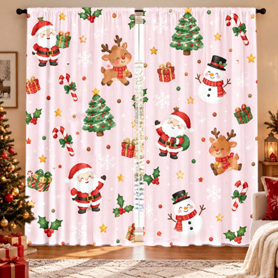 Ensemble de 2 rideaux imprimés Père Noël, rennes et bonhommes de neige, motif festif de Noël, filtrant la lumière, préservant l'intimité, passe-tringle, lavables à la machine, pour salon, chambre, balcon, cuisine, décoration intérieure, essentiels