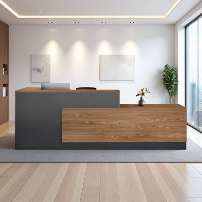 Bureau de réception en L avec tiroirs verrouillables et tablettes de rangement, bureau d'ordinateur multifonctionnel