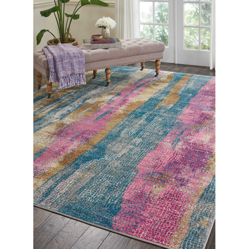 Tapis bleu / rose, Rectangle 5 pi 3 po x 7 pi 3 po