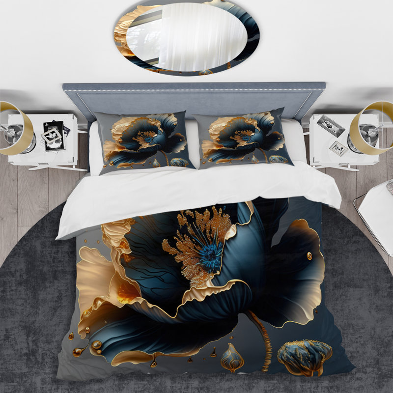 Ensemble de housse de couette en microfibre / polyester bleu foncé et doré, Housse de couette pour très grand lit et 2 très