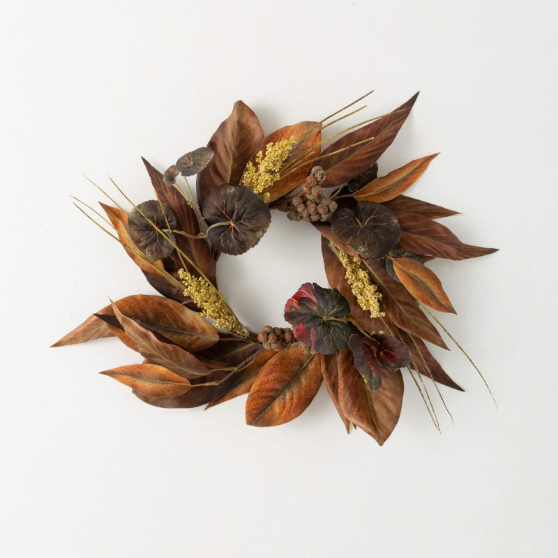 Anneau décoratif 20 po en forme de feuille de magnolia artificielle, brun
