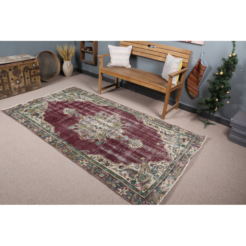 Tapis turc rétro de style Anatolien délavé avec tapis mauve en laine de 4 pi x 8 pi