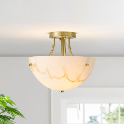 2-Light Faux Alabaster Semi Flush Mount Ceiling Light with Veined Texture