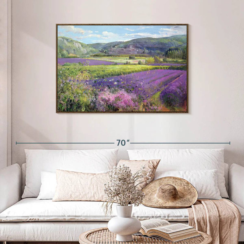 Champs de lavande dans la vieille Provence, 43 po x 29 po, Cadre flottant noyer