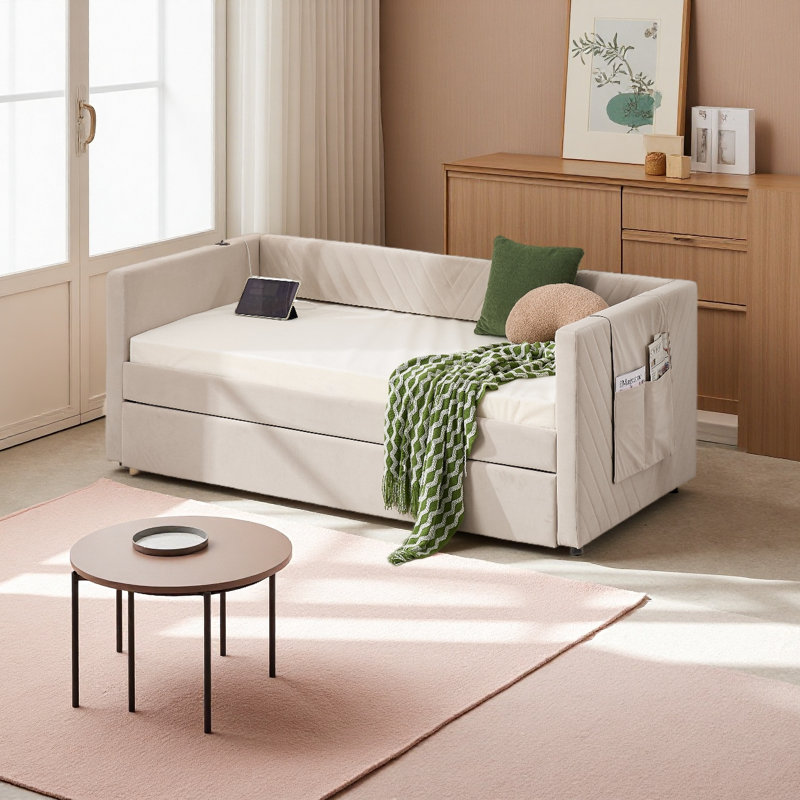 Twin Size Upholstered Daybed With Trundle,USB Port ,Side Pockets, Modern V-Grained Backrest Design,No Box Spring Needed, For Bedroom, Guest Room