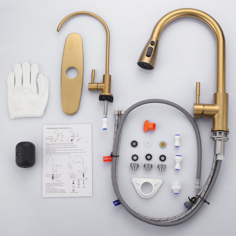 Ensemble de robinet de cuisine et de filtre à eau rétractable en acier inoxydable ARCORA, Or