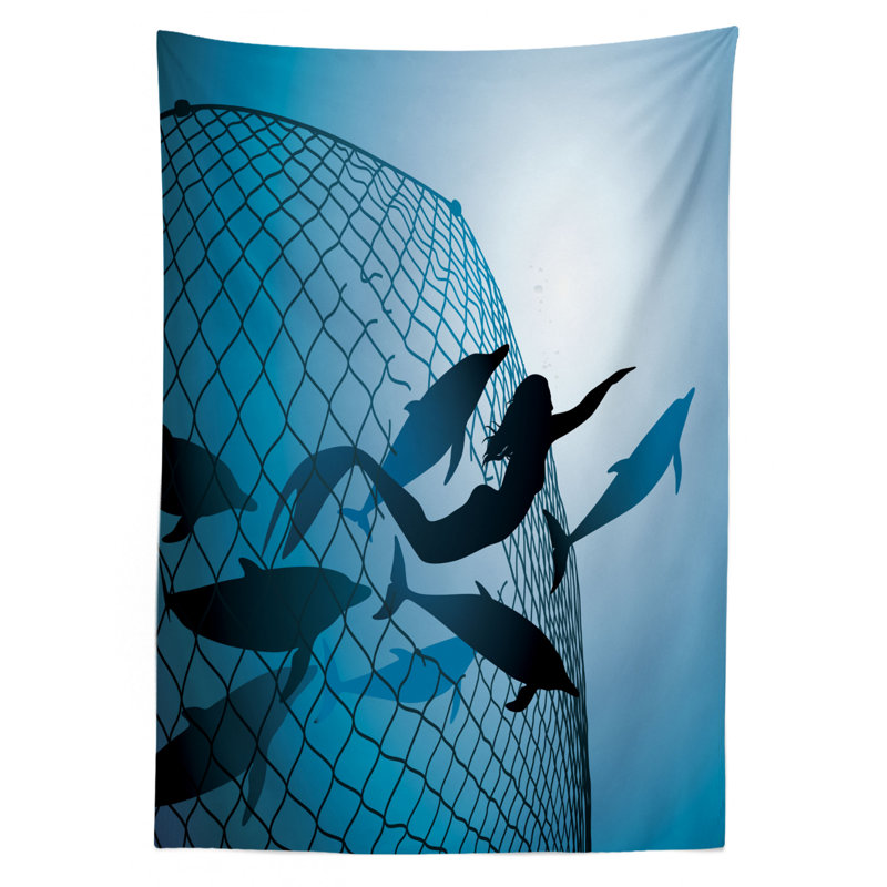 Ambesonne Underwater Tablecloth, Mermaid Rescues Flight Of Dolphins From Fishing Net Freedom Diverrtwork Print, Rectangular Table Cover For Dining Room Kitchen Decor, 60" X 84", Blue