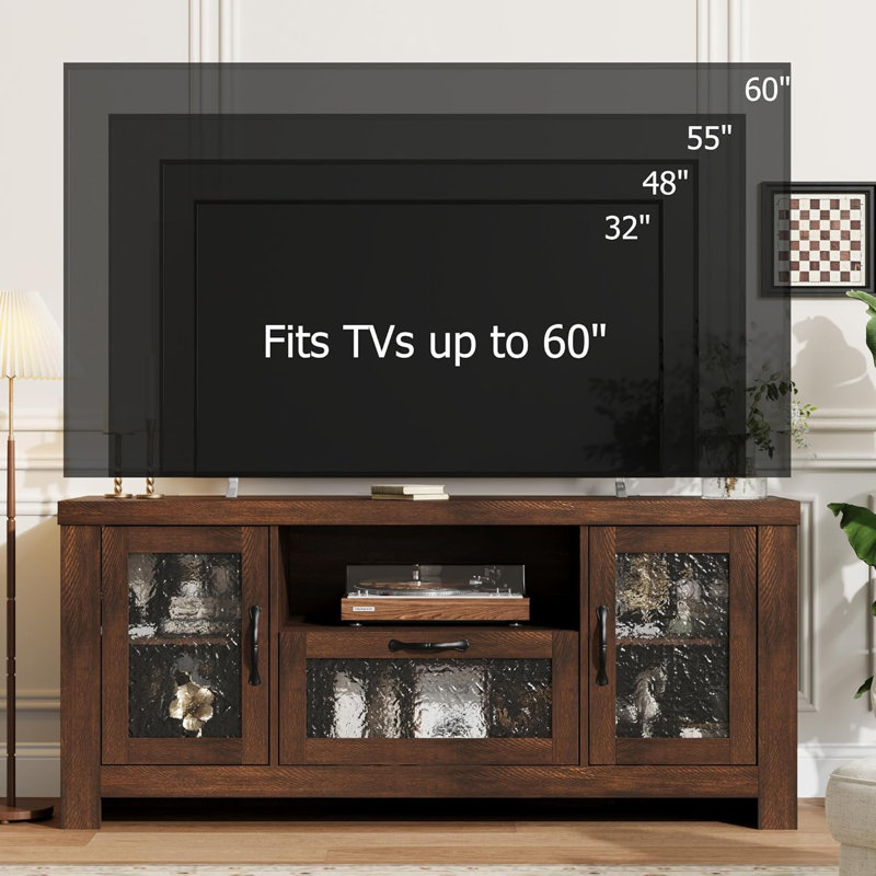 Meuble télé rustique pour téléviseur 65 pouces, centre de divertissement avec portes en acrylique et tablettes réglables, console de salon