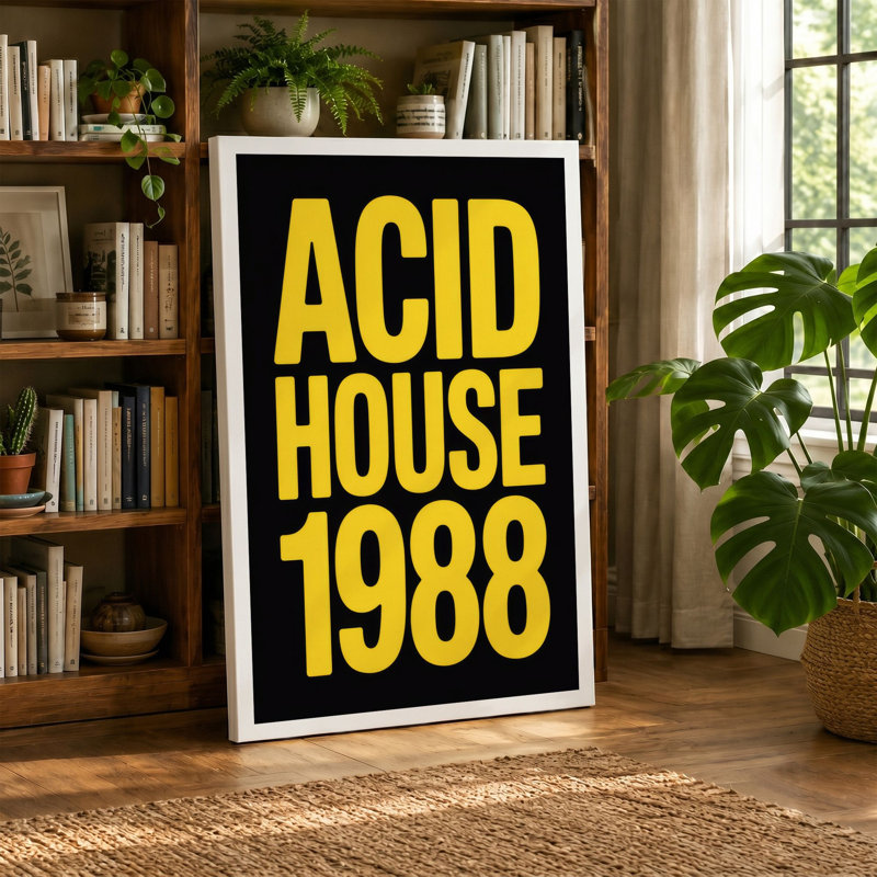 Acid House 1988 Typography 1 Piece Wrapped Canvas Wall Art, 18x12 - 45.7 x 30.5 cm, Black Border