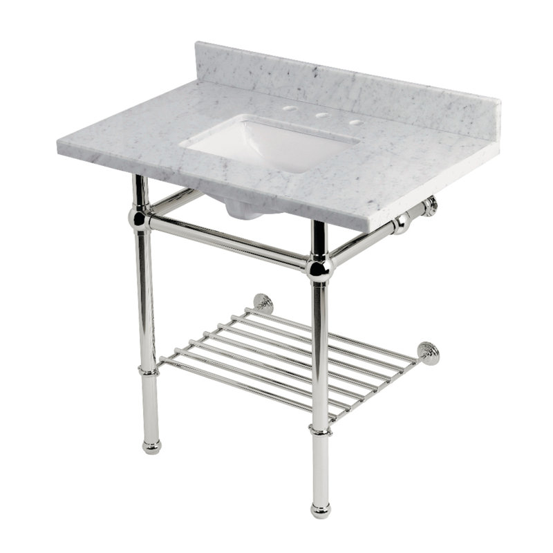 Kingston Brass Templeton 36-Inch Carrara Marble Console Sink with Brass Legs and Shelf (8-Inch, 3-Hole)