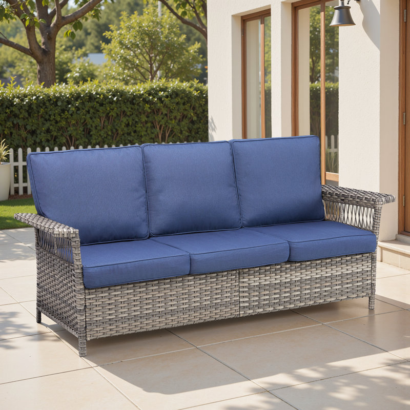 Anferney 79" Wide Patio Wicker Outdoor Sofa with Cushions with Cushions, Blue, Gray