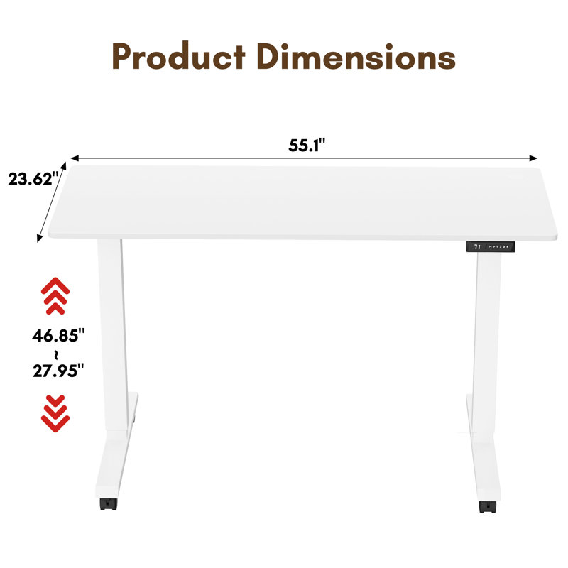 Bureau debout électrique à hauteur ajustable avec 4 roulettes verrouillables, Blanc / blanc, H 27,95 po x l 55 po x P 24 po