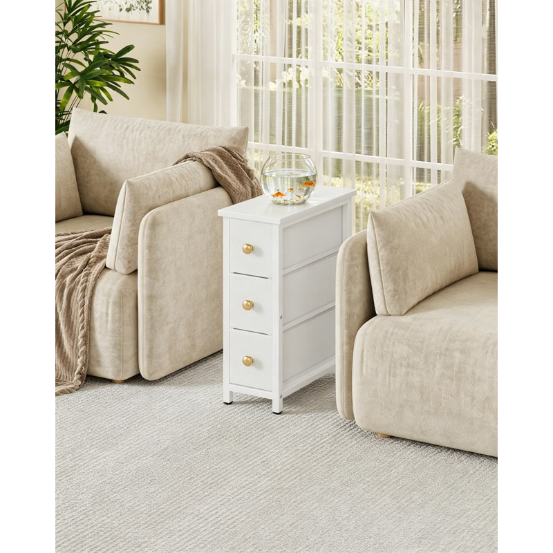 Table d'appoint étroite avec 3 tiroirs en tissu, table de chevet mince industrielle pour petits espaces, chambre à coucher, salon, dortoir, blanc