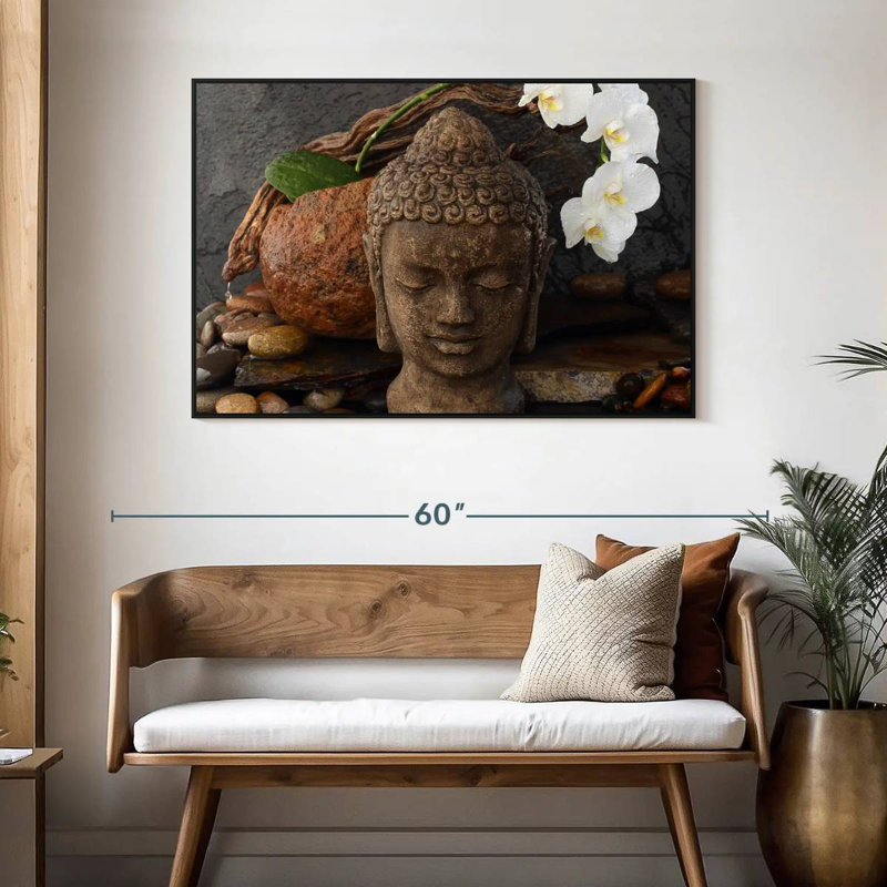 Sculpture tête de Bouddha, 46 po x 31 po, Cadre flottant noir