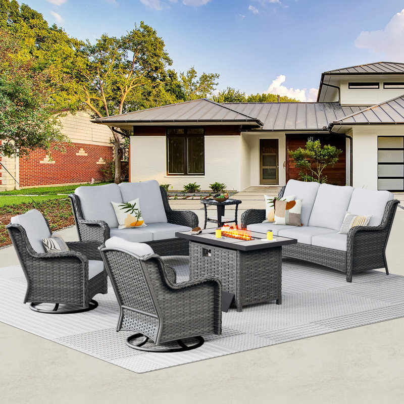 Wicker 8 - Person Patio Conversation Set with Cushions, Gray, 25.2" H x 42.13" W x 25.98" D, Gray