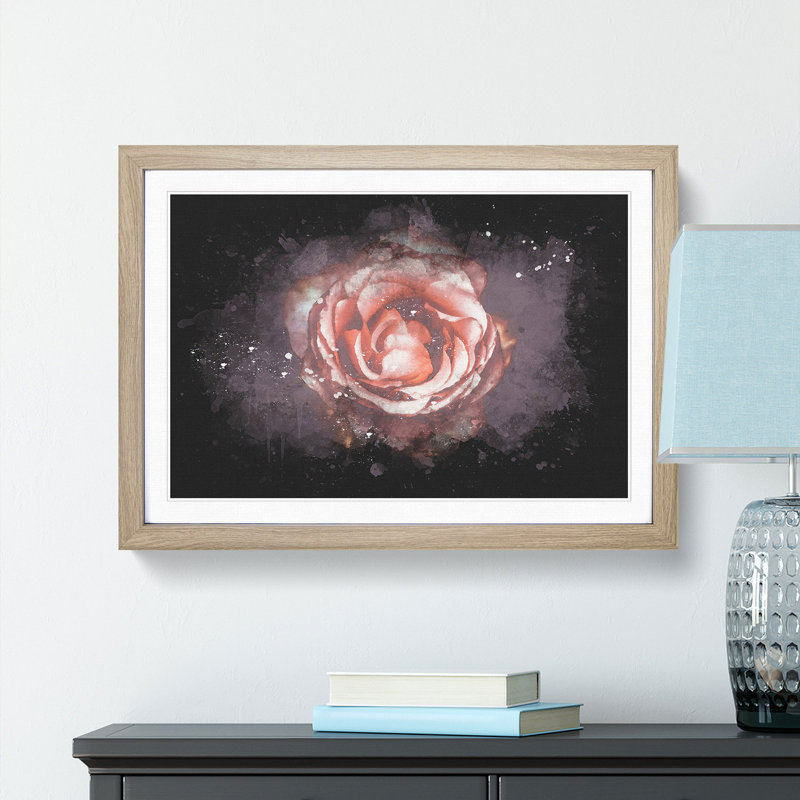 Pink Tipped Rose Flower - Picture Frame Graphic Art Print, 24cm H x 33cm W x 2cm D, Oak Framed