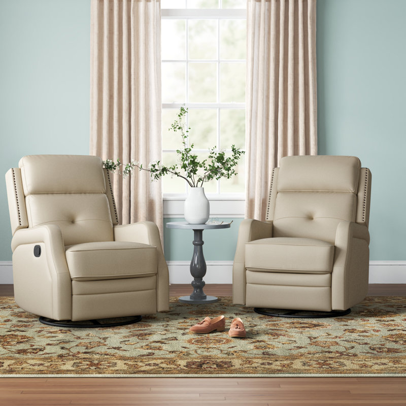 Rudisill Transitional Genuine Leather Swivel Rocker Manual Recliner(Set of 2), Beige Genuine Leather