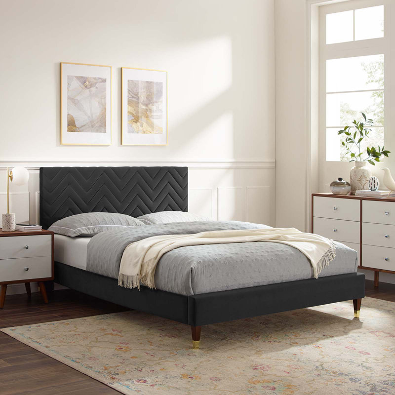 Modway Leah Chevron Tufted Performance Velvet Platform Bed, Dark Gray, Full / Double