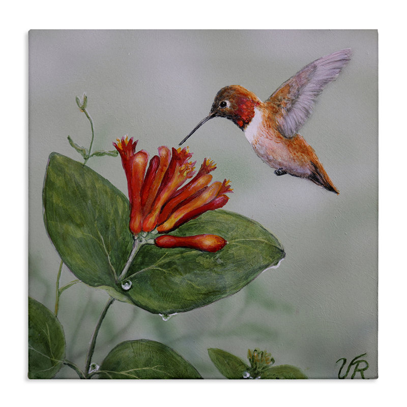  Art mural sur toile "Colibri rouge et fleur" par Valerie Rogers, H 17 po x l 17 po
