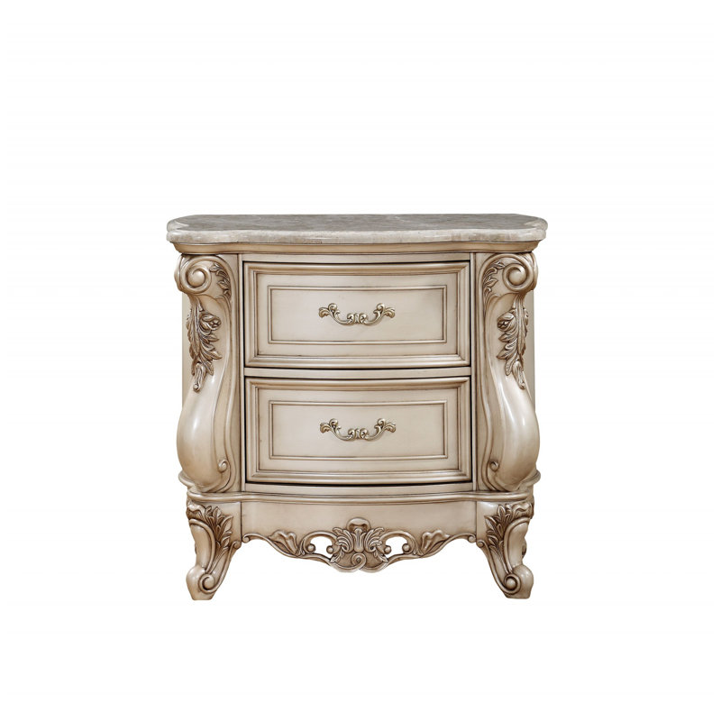 Table de chevet 2 tiroirs avec moulures florales en relief, blanc