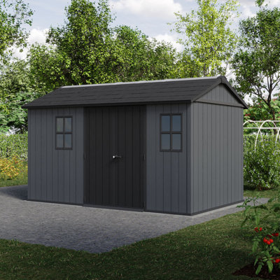 Keter Newton Plus Durable Resin Outdoor Storage Shed With Floor and Double Doors for Garden Patio Furniture and Tools, Graphite Grey (6 Available Sizes)