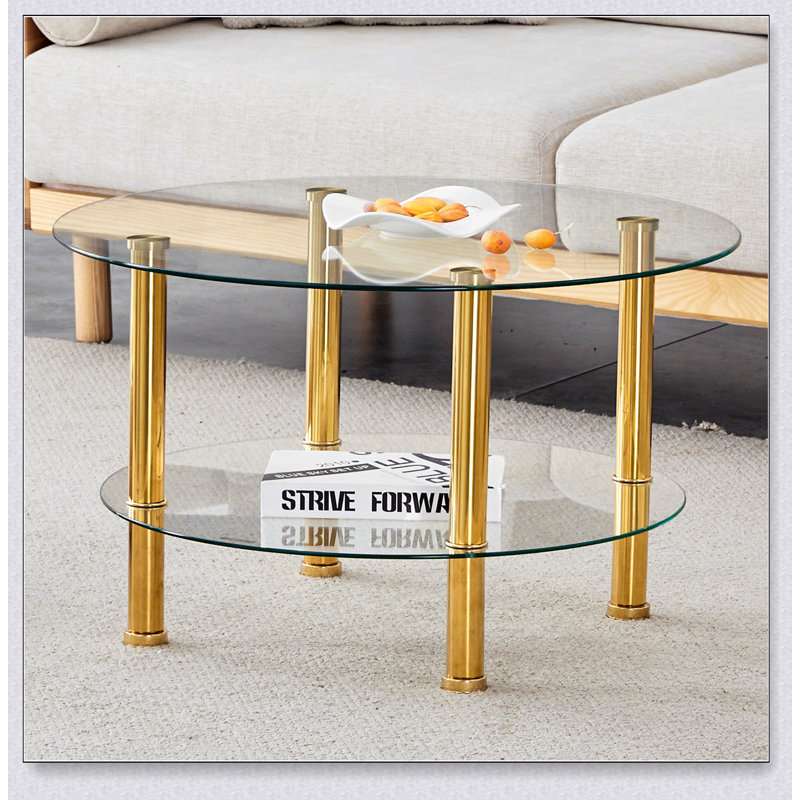 Table basse contemporaine en verre trempé à double couche avec plateau renforcé et pieds plaqués en acier inoxydable contemporain, parfait pour les intérieurs modernes