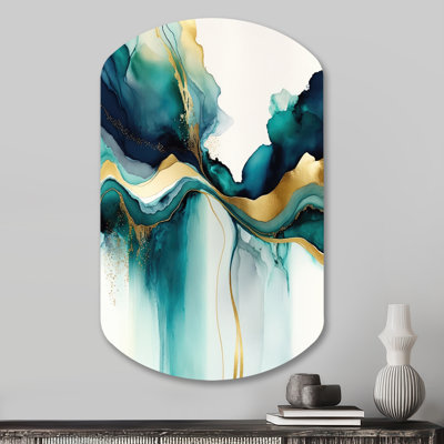 Teal And Gold Abstract Expression I - Liquid Ink Cylinder Metal Wall Art, Modern Asymmetrical Metal Art Print
