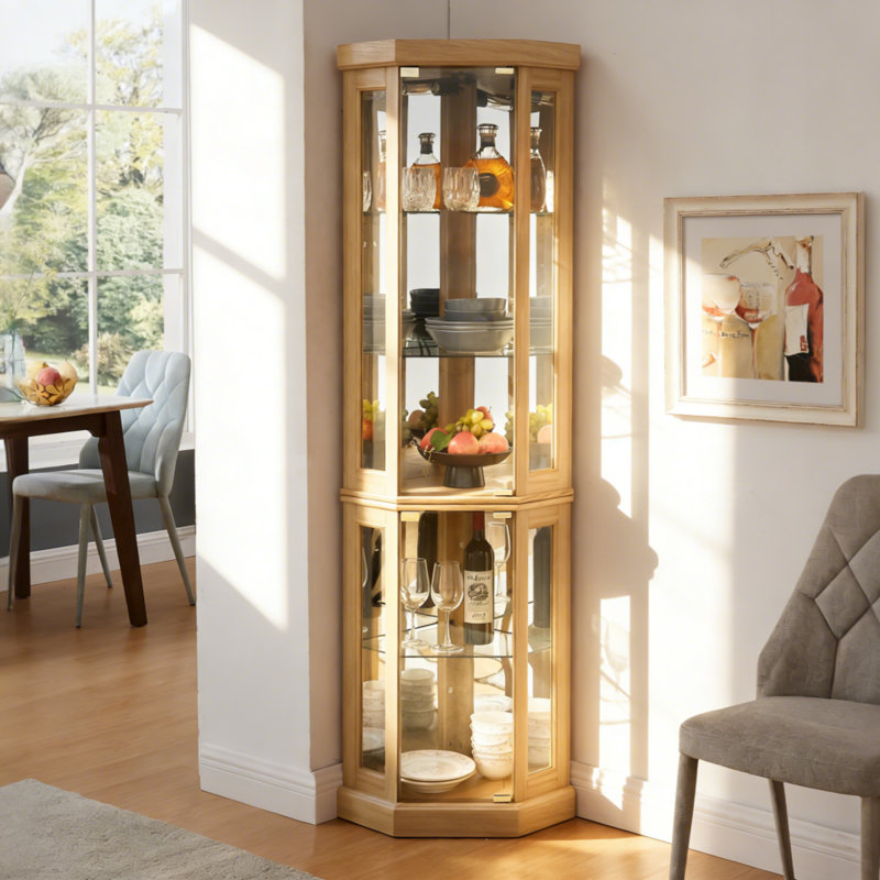 Lighted Corner Curio Cabinet - 5 Finishes (White/Cherry/Oak/Black/Dark Oak) - Collectibles & Wine Glass Display, Oak