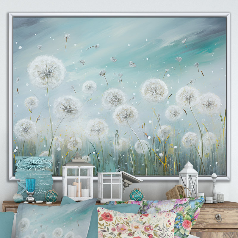«Dandelion Field Breeze III», art mural sur toile Flower Field, H 12 po x l 20 po x P 1 po, Cadre flottant blanc