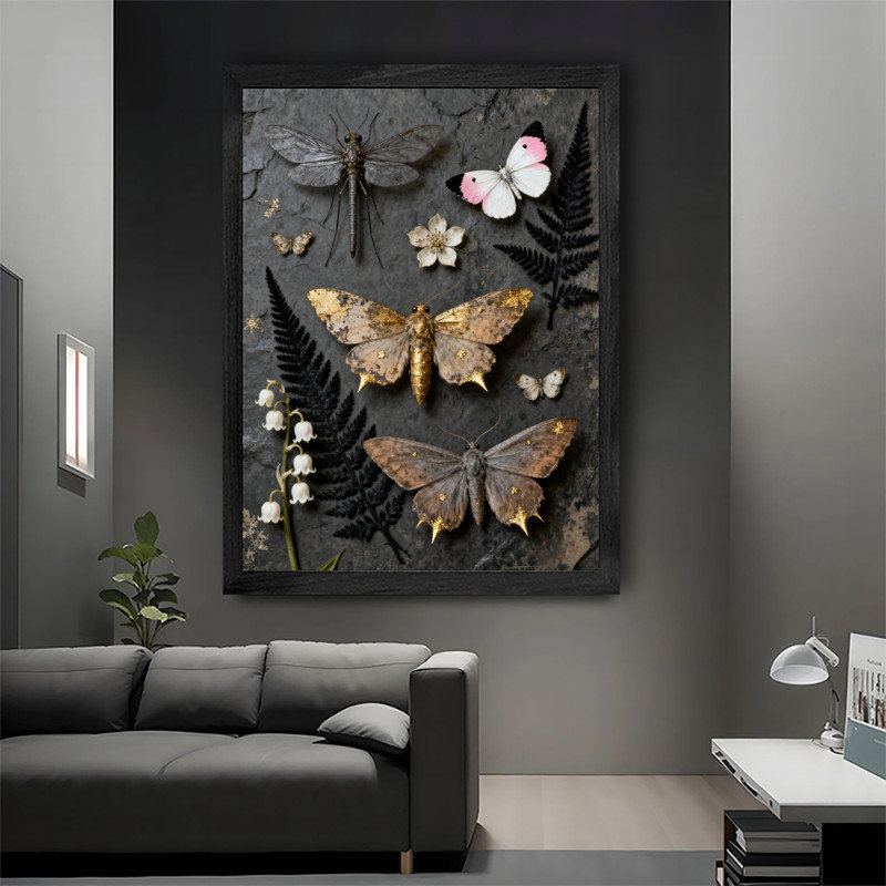 Art mural papillon noir et floral noir, impression de cadre fantaisiste foncé rétro, H 11 po x l 9 po