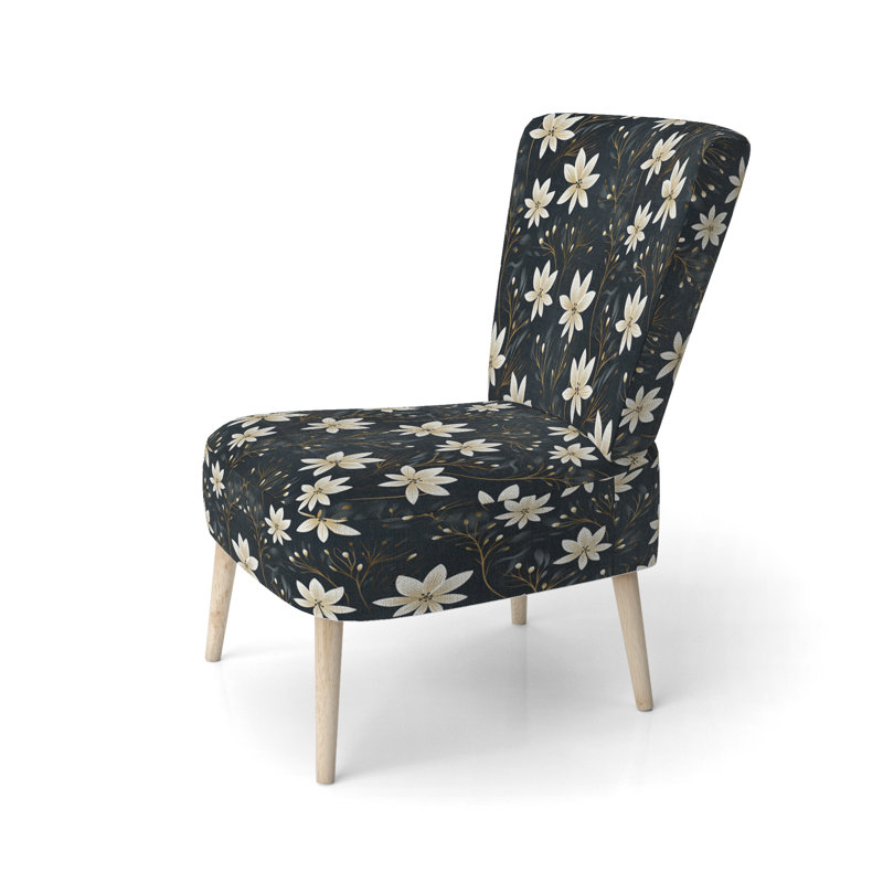 Chaise d'appoint rembourrée blanche et noire à motif floral noir et ivoire