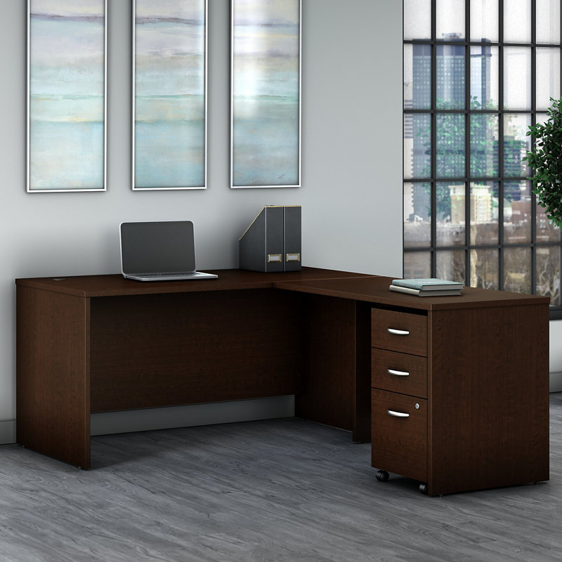 Series C 60W L Shaped Desk with 3 Drawer Mobile File Cabinet, Mocha Cherry