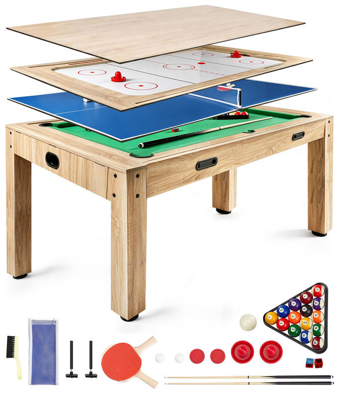 Table de billard à plateau relevable 4 en 1, table de billard combinée réversible avec billard, ping-pong, air hockey et surface de repas American Legend Madison