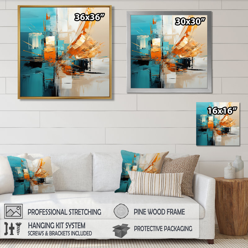 Glorieux coucher de soleil orange turquoise abstrait - art mural abstrait salon, Toile avec cadre flottant or