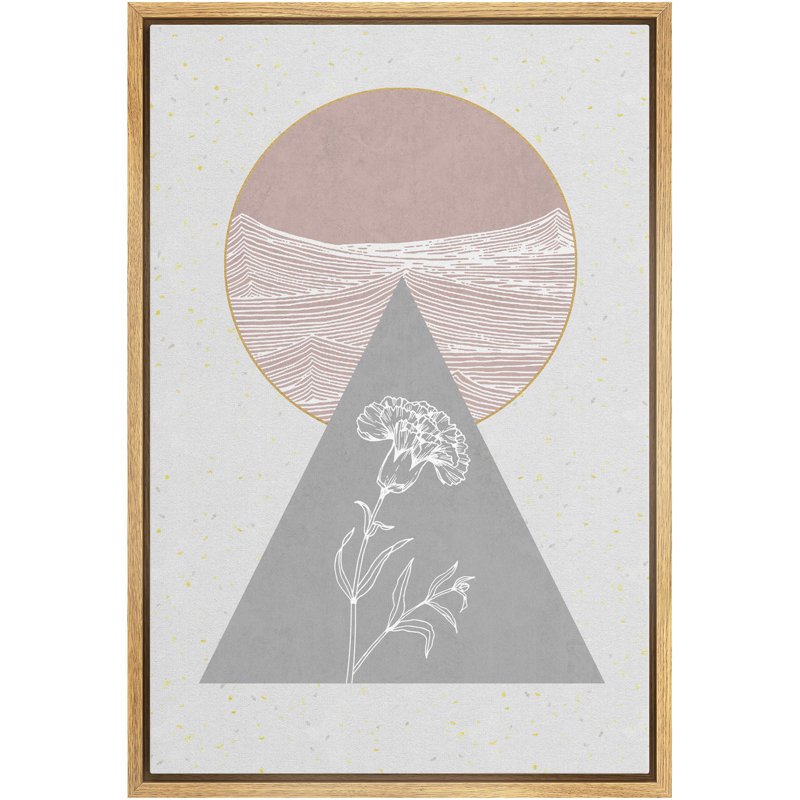 «Signature», reproduction d'art sur toile encadrée, duo rose et gris à motif de fleurs avec silhouette de plantes abstraites, art moderne moderne Mid-Century pour le salon, la chambre à coucher, le bureau
